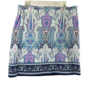Talbots A Line Skirt Womens Size 12 Blue Pink Artsy Print‎ Cotton Blend Office